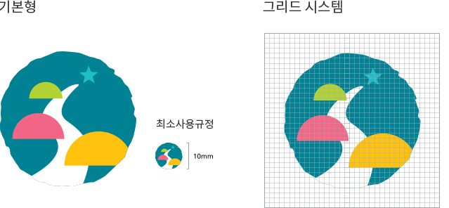 동남보건대학교부설유치원 심벌마크, 기본형, 그리드 시스템, 최소사용규정 10mm