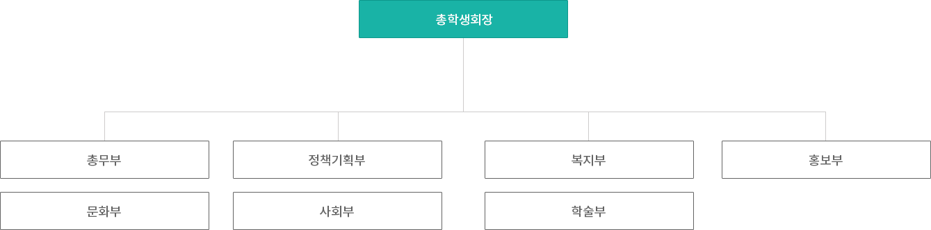 총학생회장 산하로 총무부, 정책기획부, 복지부, 홍보부, 문화부, 사회부, 학술부가 있다.